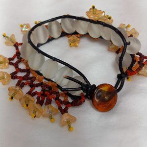Woven Bracelet with Vintage Clear Glass Beads, Beaded Netting, Flowers